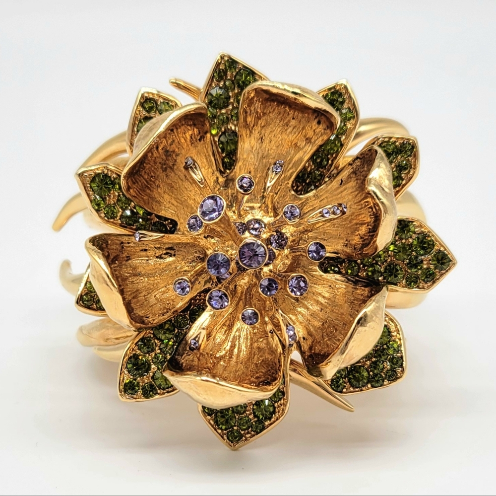 Roberto Cavalli Signed Oversized Gold Floral Cuff Bracelet, Sculptural Flower